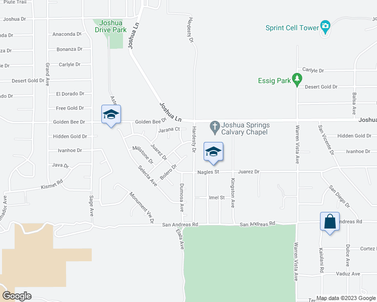 map of restaurants, bars, coffee shops, grocery stores, and more near 8520 Bolero Drive in Yucca Valley