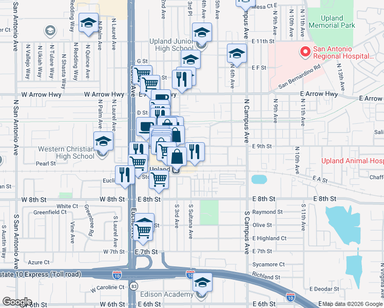 map of restaurants, bars, coffee shops, grocery stores, and more near 167 North 4th Avenue in Upland