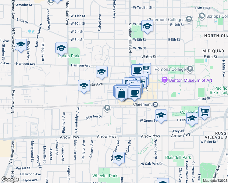 map of restaurants, bars, coffee shops, grocery stores, and more near 602 Asbury Drive in Claremont