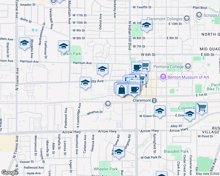 map of restaurants, bars, coffee shops, grocery stores, and more near 620 Asbury Drive in Claremont