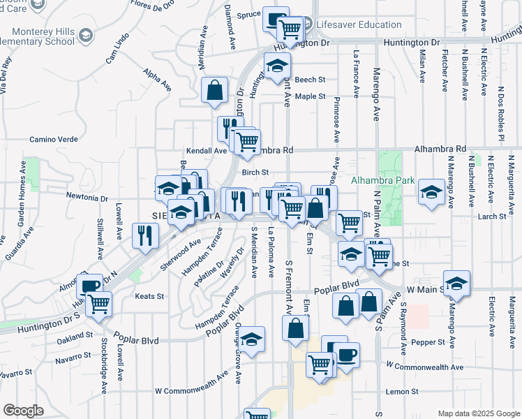 map of restaurants, bars, coffee shops, grocery stores, and more near 2729 West Main Street in Alhambra