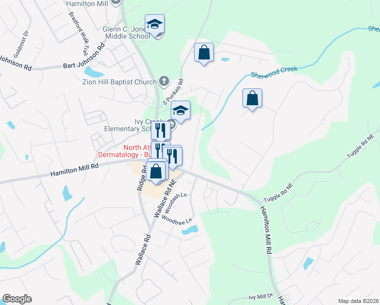 map of restaurants, bars, coffee shops, grocery stores, and more near 3362 Hard Creek Lane Northeast in Buford