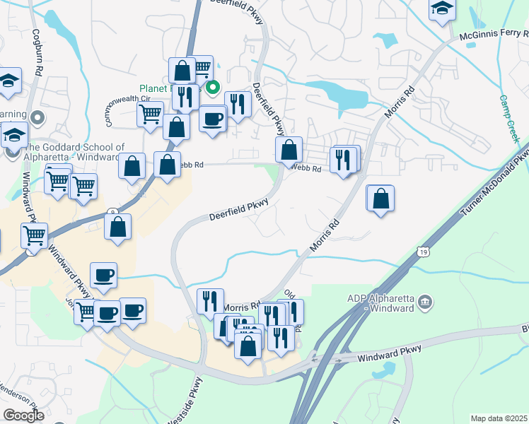 map of restaurants, bars, coffee shops, grocery stores, and more near 3181 Buck Way in Alpharetta