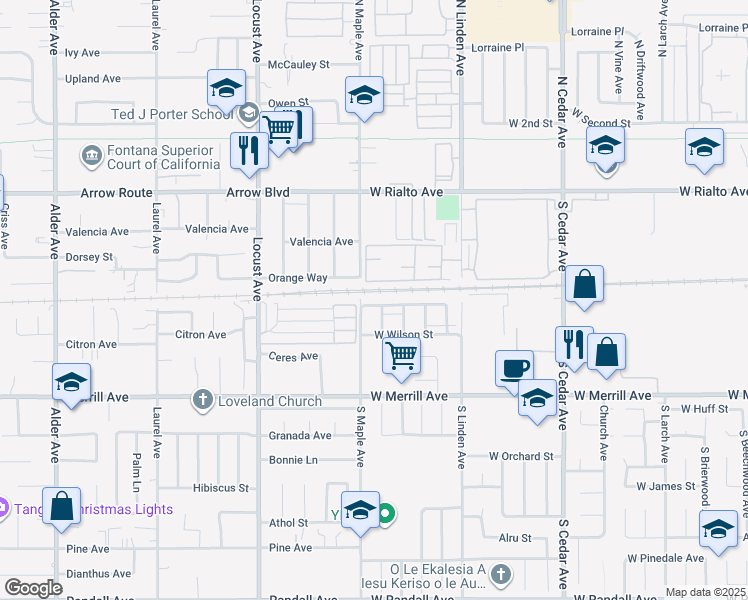 map of restaurants, bars, coffee shops, grocery stores, and more near 1678 West Bonnie View Drive in Rialto