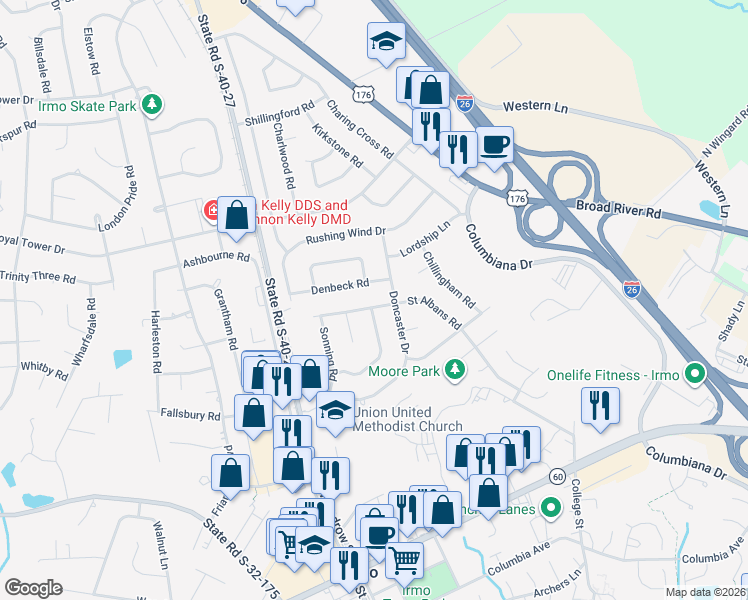 map of restaurants, bars, coffee shops, grocery stores, and more near 207 Saint Albans Road in Irmo