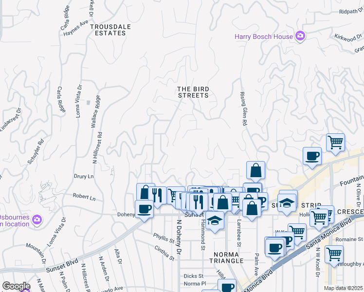 map of restaurants, bars, coffee shops, grocery stores, and more near 9199 Thrasher Avenue in Los Angeles