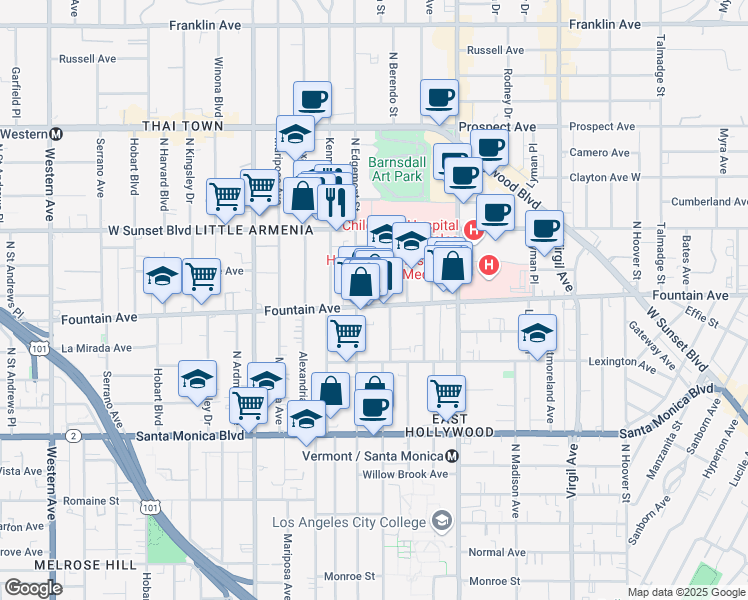 map of restaurants, bars, coffee shops, grocery stores, and more near 1256 North Edgemont Street in Los Angeles