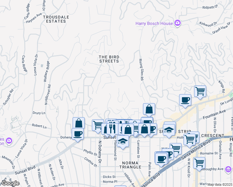 map of restaurants, bars, coffee shops, grocery stores, and more near 1443 Devlin Drive in Los Angeles