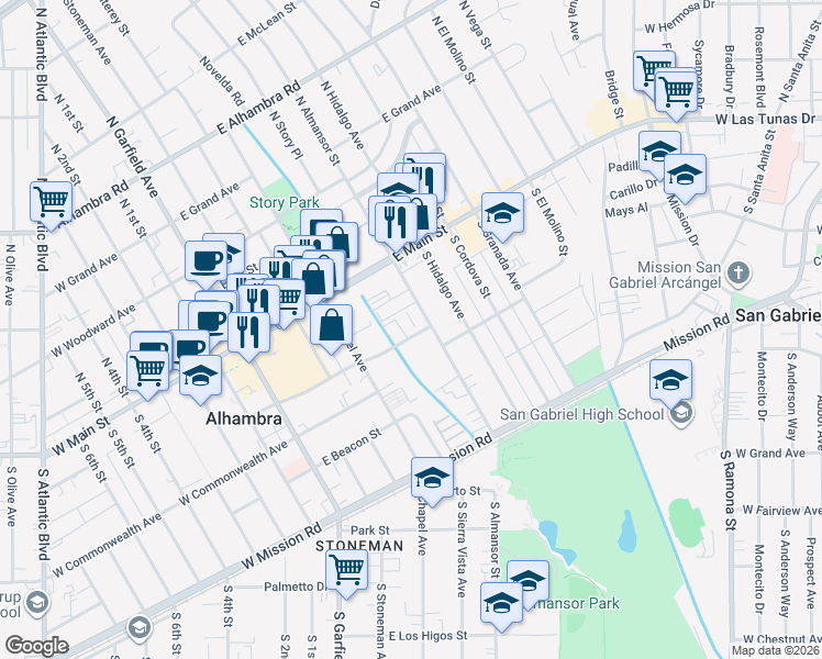 map of restaurants, bars, coffee shops, grocery stores, and more near 411 East Bay State Street in Alhambra