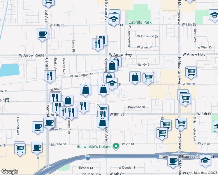 map of restaurants, bars, coffee shops, grocery stores, and more near 104 North Benson Avenue in Upland