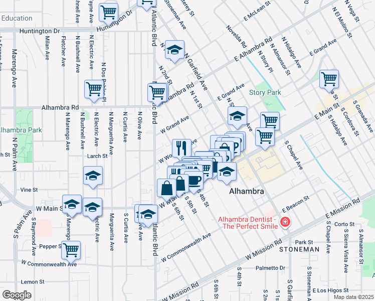 map of restaurants, bars, coffee shops, grocery stores, and more near 310 West Woodward Avenue in Alhambra