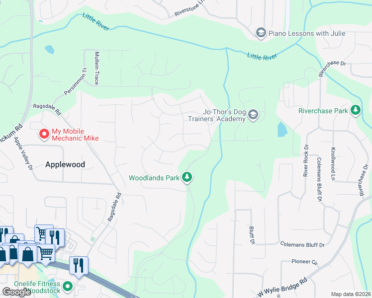 map of restaurants, bars, coffee shops, grocery stores, and more near 215 Revillion Way in Woodstock