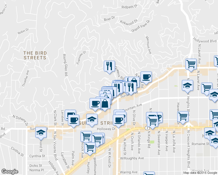 map of restaurants, bars, coffee shops, grocery stores, and more near 1358 Miller Drive in Los Angeles