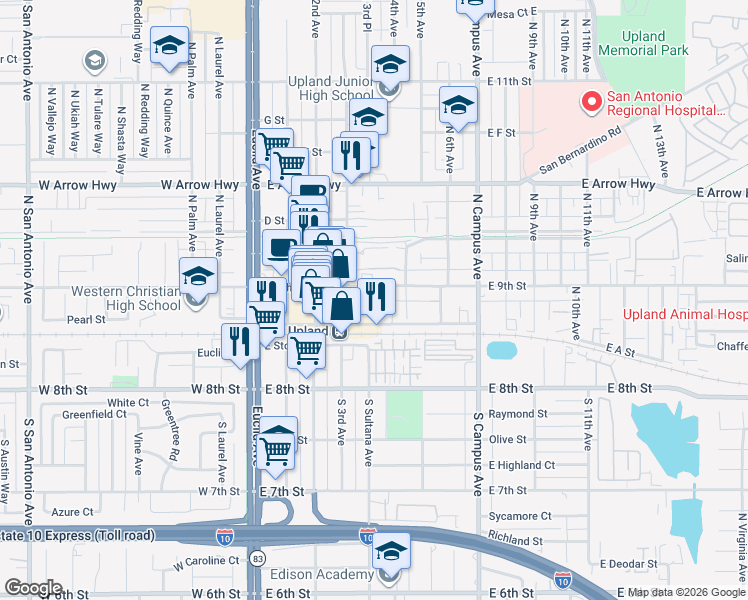 map of restaurants, bars, coffee shops, grocery stores, and more near 167 North 4th Avenue in Upland