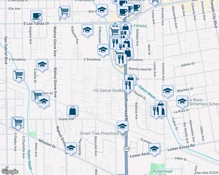 map of restaurants, bars, coffee shops, grocery stores, and more near Acacia Street in East San Gabriel