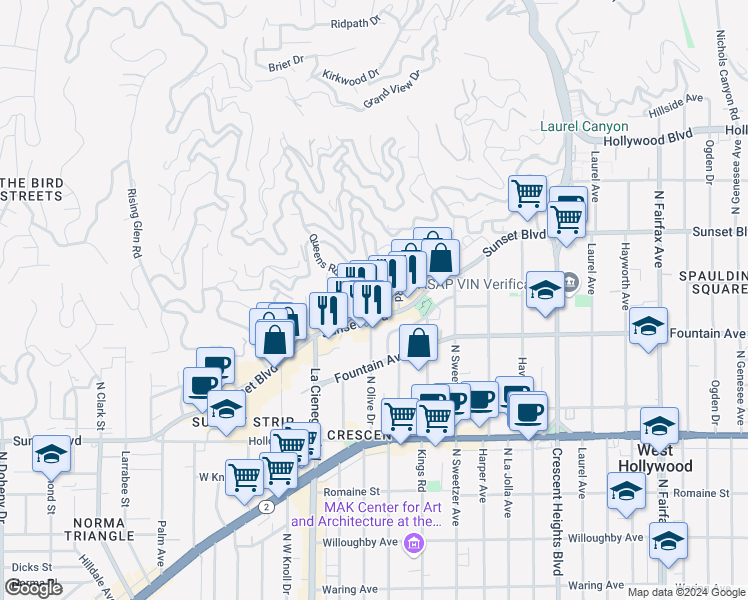 map of restaurants, bars, coffee shops, grocery stores, and more near 8425 Sunset Boulevard in Los Angeles