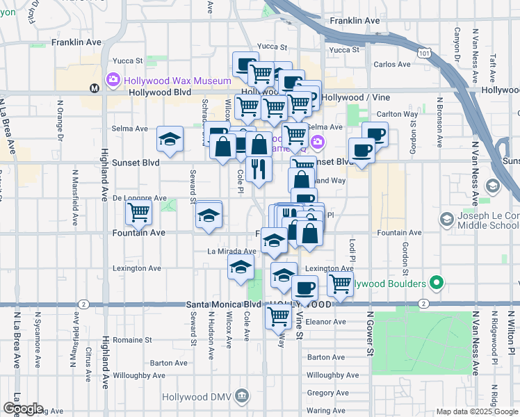 map of restaurants, bars, coffee shops, grocery stores, and more near 1331 Cole Avenue in Los Angeles
