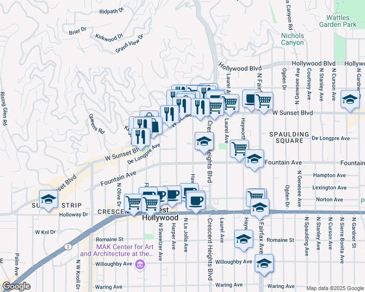 map of restaurants, bars, coffee shops, grocery stores, and more near 1342 North Harper Avenue in West Hollywood