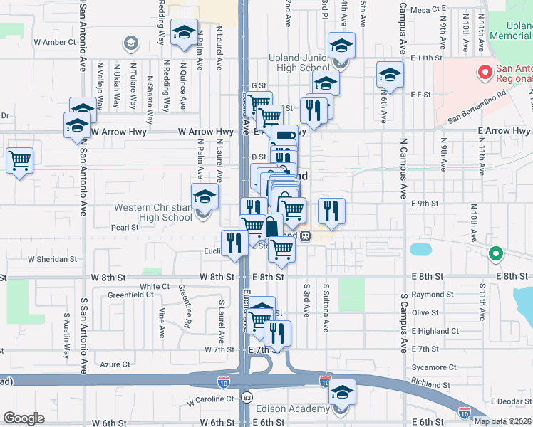map of restaurants, bars, coffee shops, grocery stores, and more near 145 North 1st Avenue in Upland