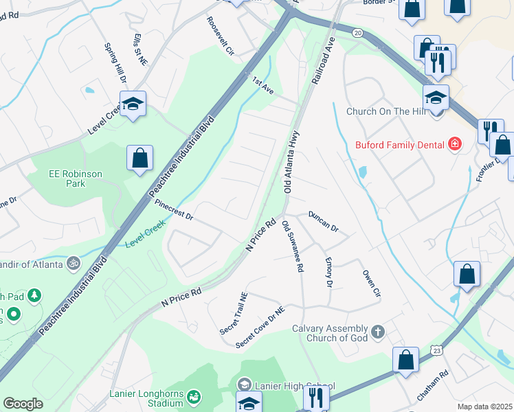 map of restaurants, bars, coffee shops, grocery stores, and more near 1171 Pine Acre Drive Northeast in Sugar Hill