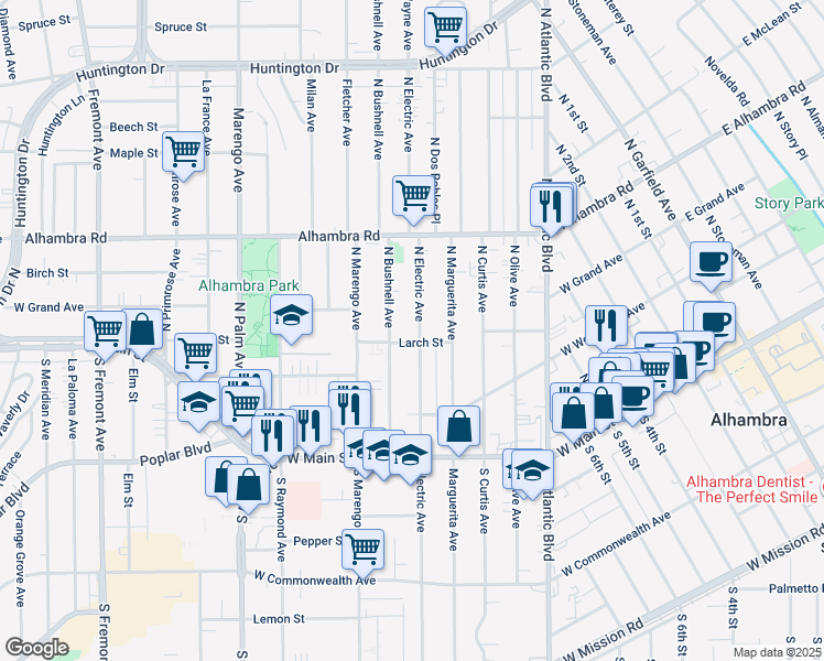 map of restaurants, bars, coffee shops, grocery stores, and more near 311 North Electric Avenue in Alhambra