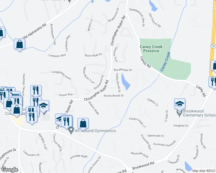 map of restaurants, bars, coffee shops, grocery stores, and more near 1745 Stoney Brook Way in Alpharetta