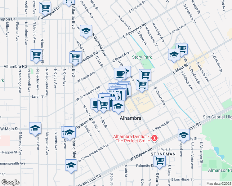 map of restaurants, bars, coffee shops, grocery stores, and more near in Alhambra