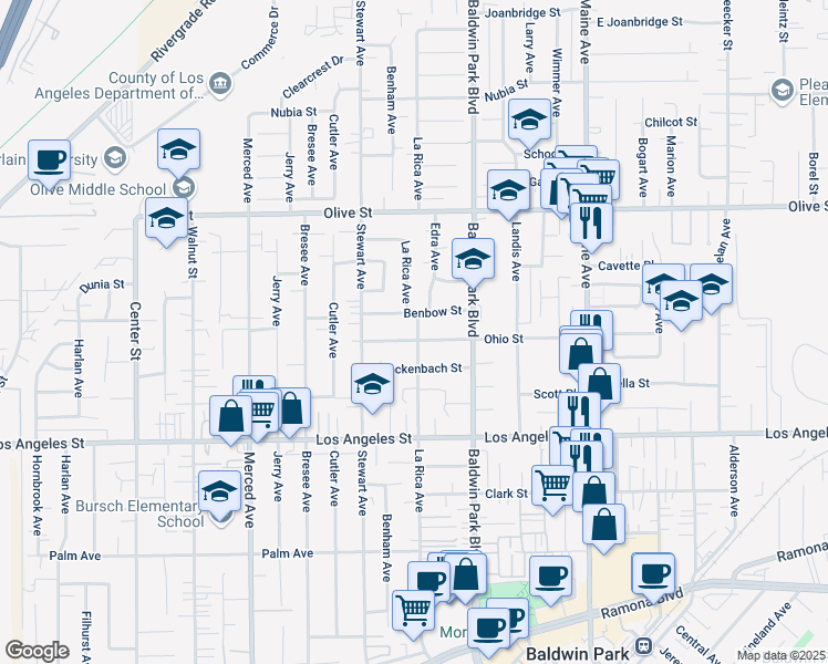 map of restaurants, bars, coffee shops, grocery stores, and more near 14057 Ohio Street in Baldwin Park