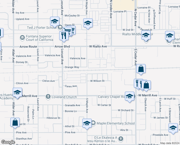 map of restaurants, bars, coffee shops, grocery stores, and more near 1678 West Bonnie View Drive in Rialto