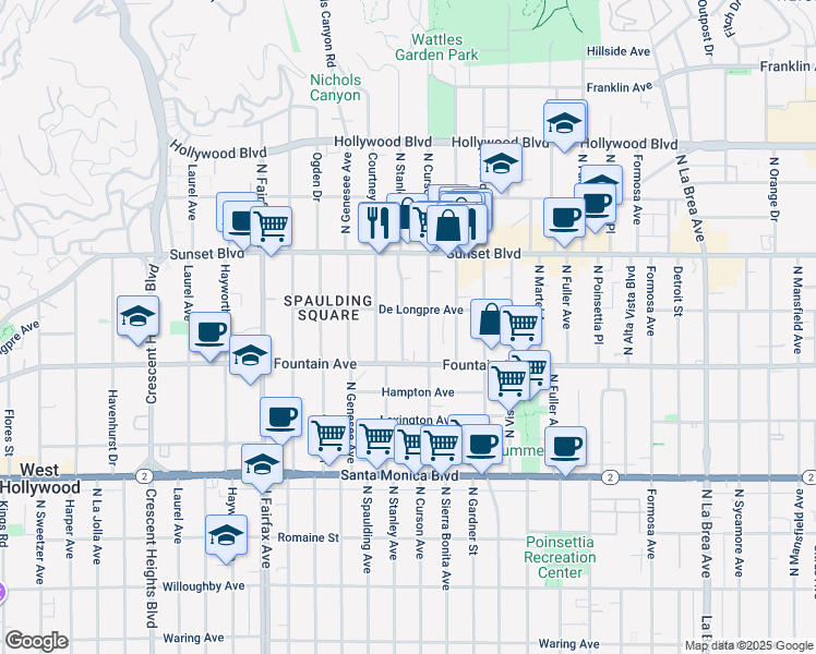 map of restaurants, bars, coffee shops, grocery stores, and more near 1346 North Stanley Avenue in Los Angeles