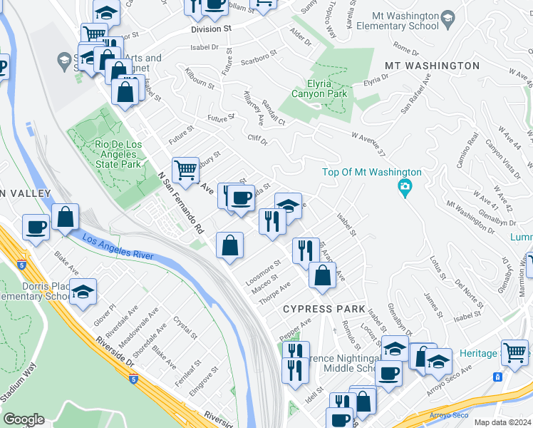 map of restaurants, bars, coffee shops, grocery stores, and more near 3330 Alice Street in Los Angeles
