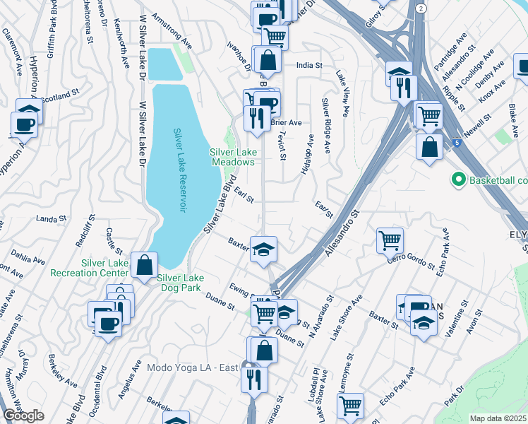 map of restaurants, bars, coffee shops, grocery stores, and more near 2319 West Loma Vista Place in Los Angeles