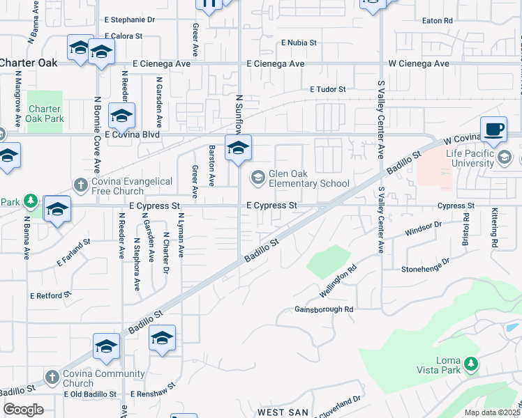 map of restaurants, bars, coffee shops, grocery stores, and more near 2 Cypress Street in San Dimas