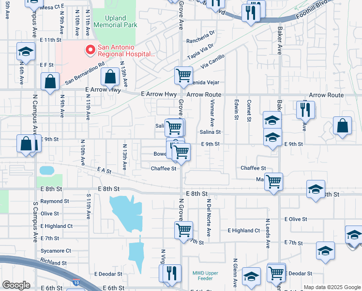 map of restaurants, bars, coffee shops, grocery stores, and more near Grove Ave & E 9th St in Upland