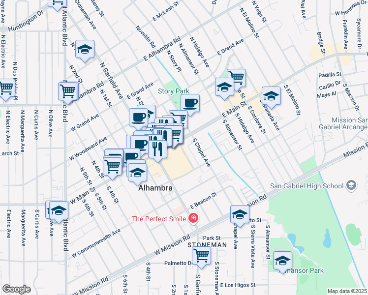 map of restaurants, bars, coffee shops, grocery stores, and more near 168 South Monterey Street in Alhambra