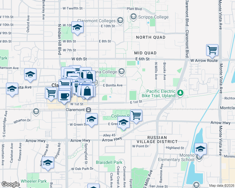 map of restaurants, bars, coffee shops, grocery stores, and more near East 2nd Street in Claremont