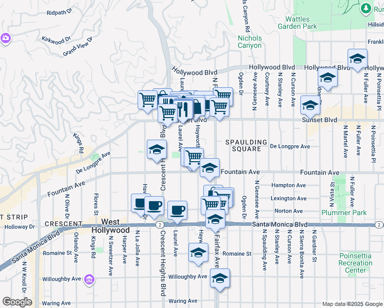 map of restaurants, bars, coffee shops, grocery stores, and more near 1345 Hayworth Avenue in West Hollywood