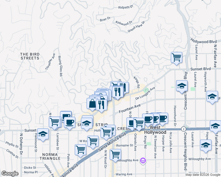 map of restaurants, bars, coffee shops, grocery stores, and more near 1377 Miller Place in Los Angeles