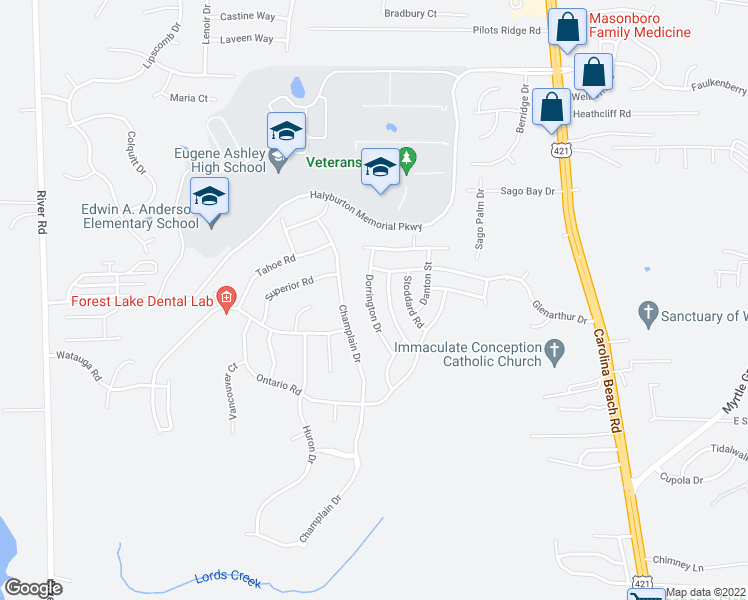 map of restaurants, bars, coffee shops, grocery stores, and more near 6615 Dorrington Drive in Wilmington