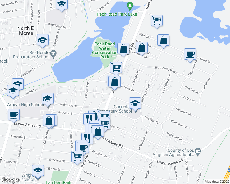 map of restaurants, bars, coffee shops, grocery stores, and more near 5122 Peck Road in El Monte