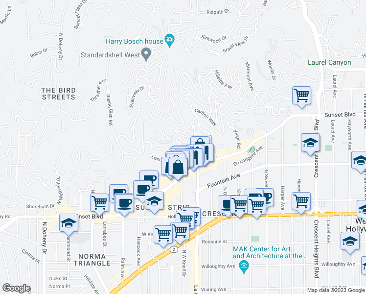 map of restaurants, bars, coffee shops, grocery stores, and more near 1358 Miller Drive in Los Angeles