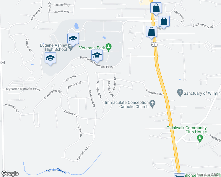 map of restaurants, bars, coffee shops, grocery stores, and more near 6611 Stoddard Road in Wilmington