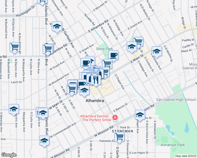map of restaurants, bars, coffee shops, grocery stores, and more near in Alhambra