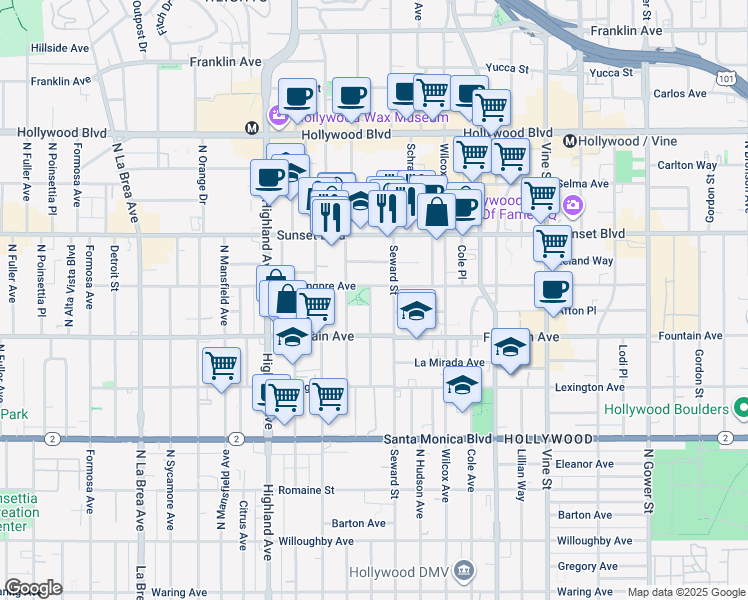 map of restaurants, bars, coffee shops, grocery stores, and more near 1340 North June Street in Los Angeles