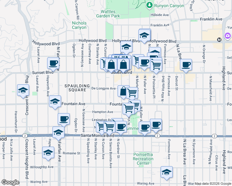map of restaurants, bars, coffee shops, grocery stores, and more near 1342 North Sierra Bonita Avenue in West Hollywood