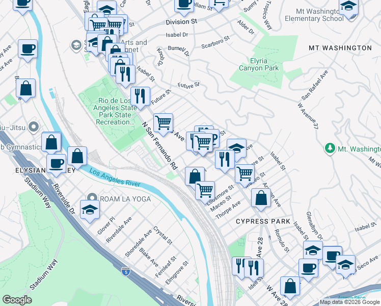 map of restaurants, bars, coffee shops, grocery stores, and more near 2648 Arvia Street in Los Angeles