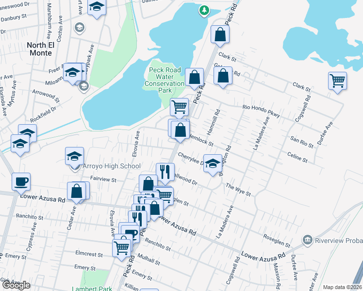 map of restaurants, bars, coffee shops, grocery stores, and more near 5122 Peck Road in El Monte