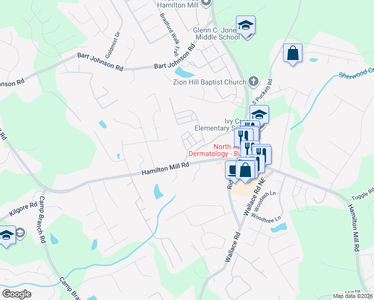 map of restaurants, bars, coffee shops, grocery stores, and more near 3421 Tea Olive Drive in Buford