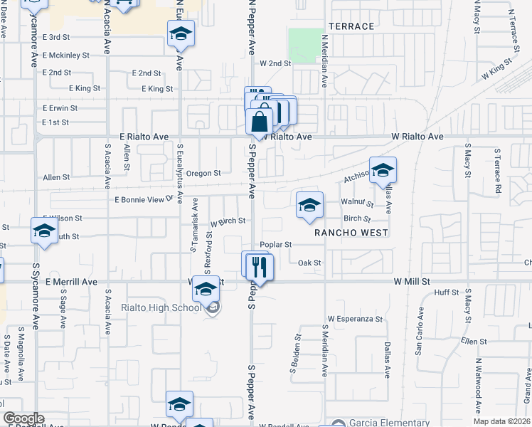 map of restaurants, bars, coffee shops, grocery stores, and more near 348 South Rosalind Street in Rialto