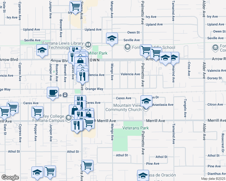 map of restaurants, bars, coffee shops, grocery stores, and more near 8740-8766 Mango Avenue in Fontana